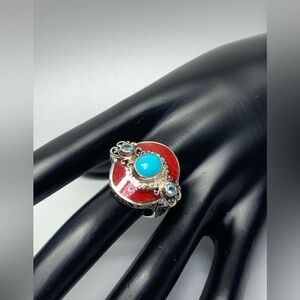 Bali-style Sterling Silver Turquoise & Coral Statement Ring